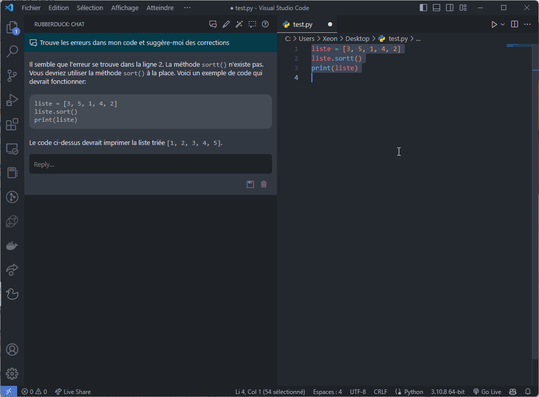rubberduck vscode corrige erreur