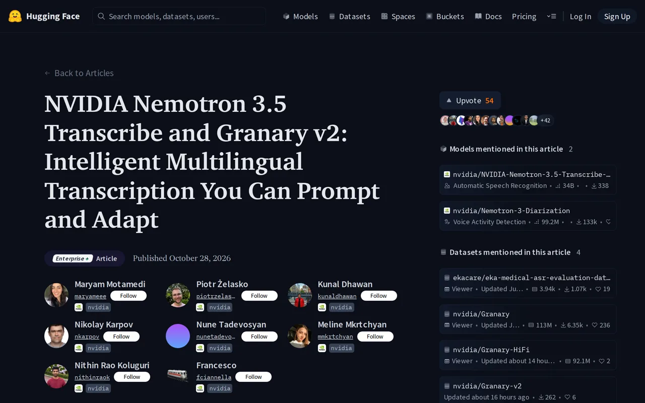 Capture de la page de Nemotron 3.5 Transcribe